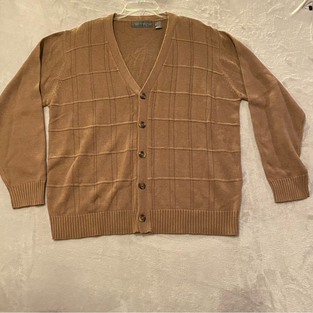 Oscar De La Renta Sweater Men’s XL Beige Cardigan Vneck Button Up  Window Pane
